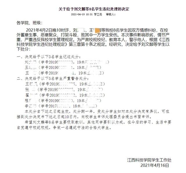 江西一学院8名学生因情感纠纷, 校外聚众打架斗殴被处分