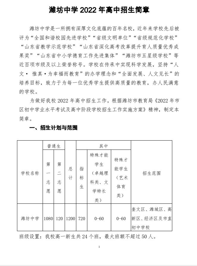 潍坊中学 2022 年
招生简章