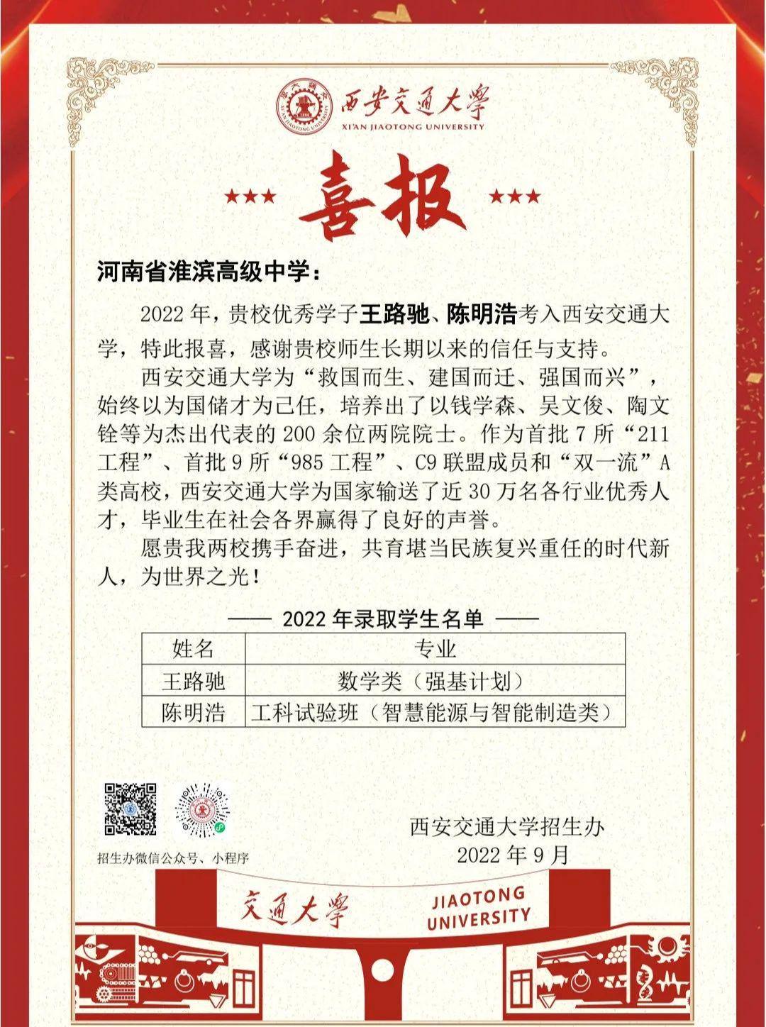 西安交通大学向淮滨
发来喜报