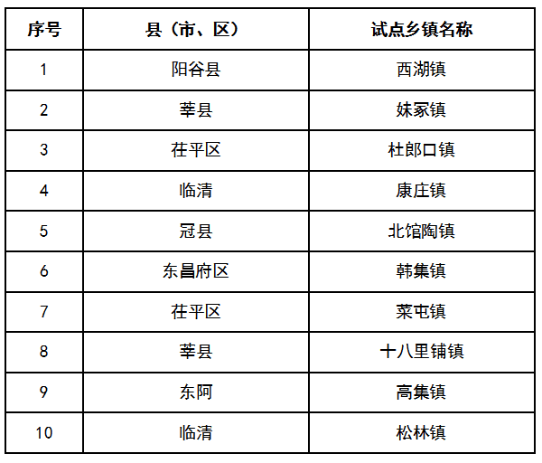 聊城10个乡镇, 入选试点