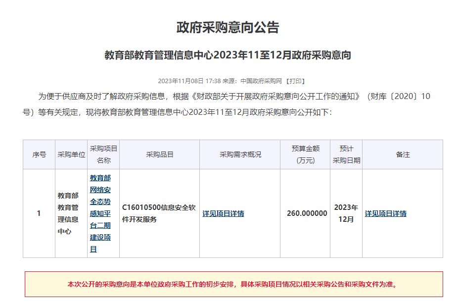 教育部教育管理信息中心发布采购公告, 计划投入260万元